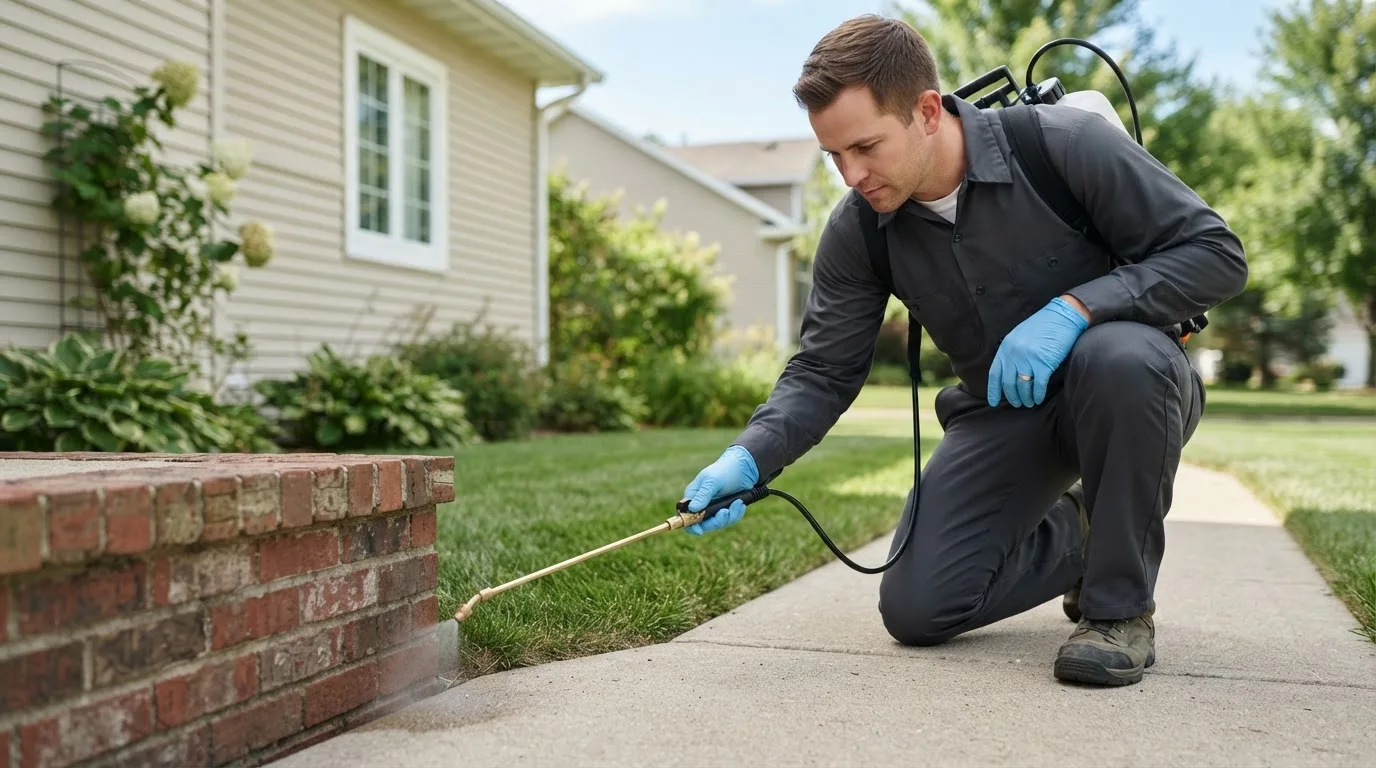 Pest control technician treating a home near Monroeville, PA